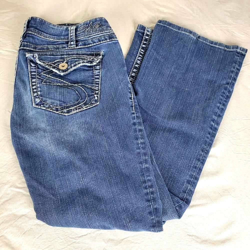 Silver Suki Surplus Bootcut Jeans Womens 34/28 HEMMED SHORTENED (Tag 33/34) Flap